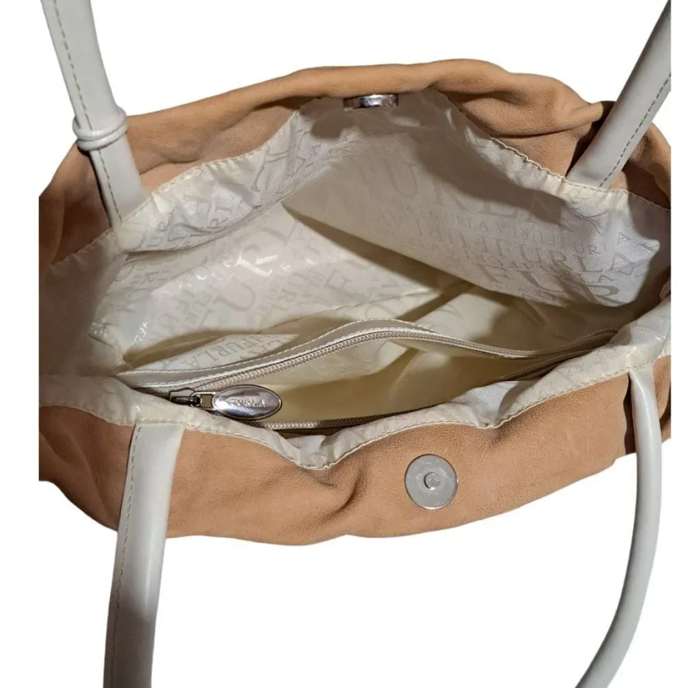 Furla Women's Tan Suede White Leather Trim Drawstring  Shoulder Purse Bag